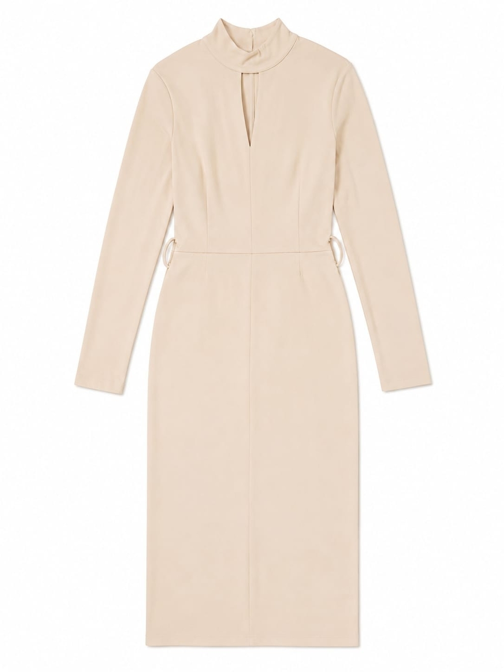 High-Neck Long Sleeve Cream Midi Dress